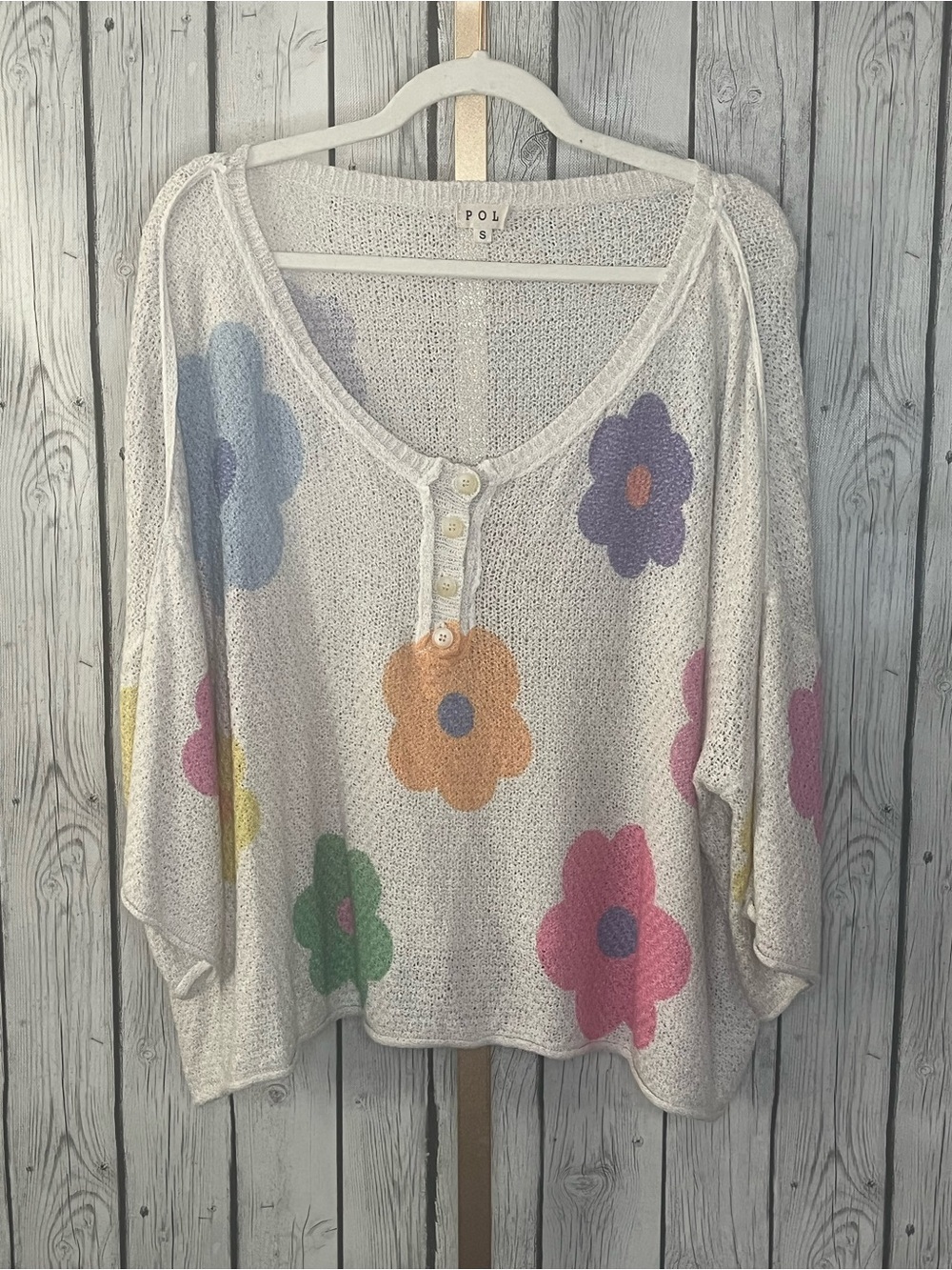 POL Groovy For You Ivory Floral Knit Henley Sweater Size S Boho retro oversized